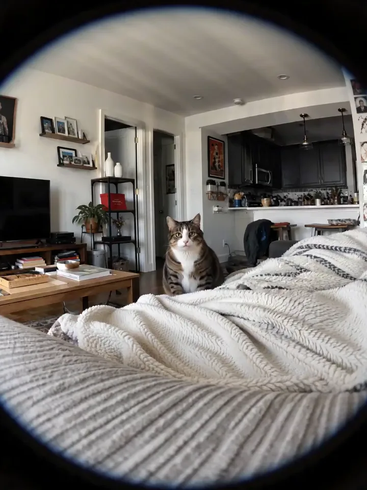 Muted autoplay AI cat video remix example with a fisheye effect